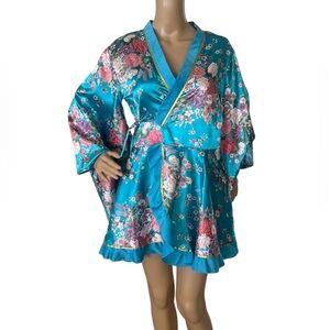 Asian Brocade Kimono Wrap Blue Floral Blouse Dress Y2K